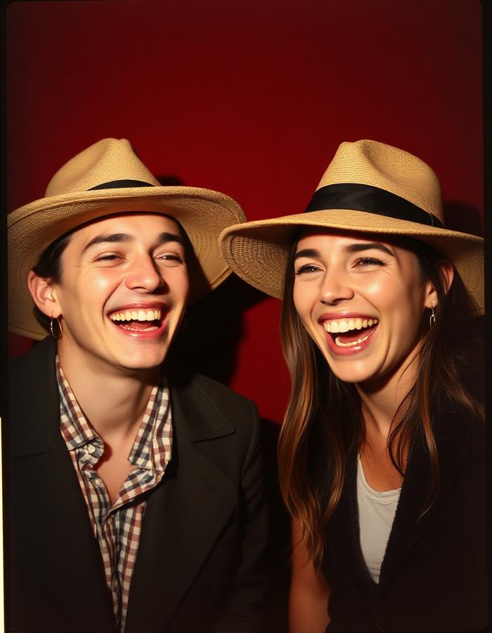 Deux amis en chapeau riant devant le fond de la borne, lumière chaude