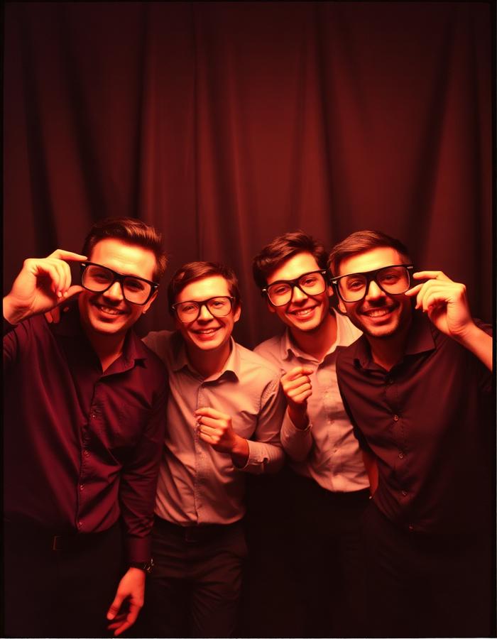 Quatre collègues avec des lunettes accessoires lors d'une soirée d'entreprise