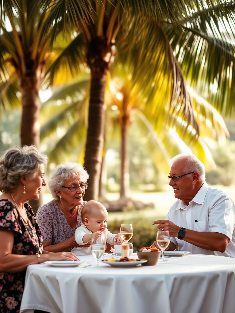 Photo à fournir : famille réunie autour d'un enfant lors d'un repas de fête sous les arbres