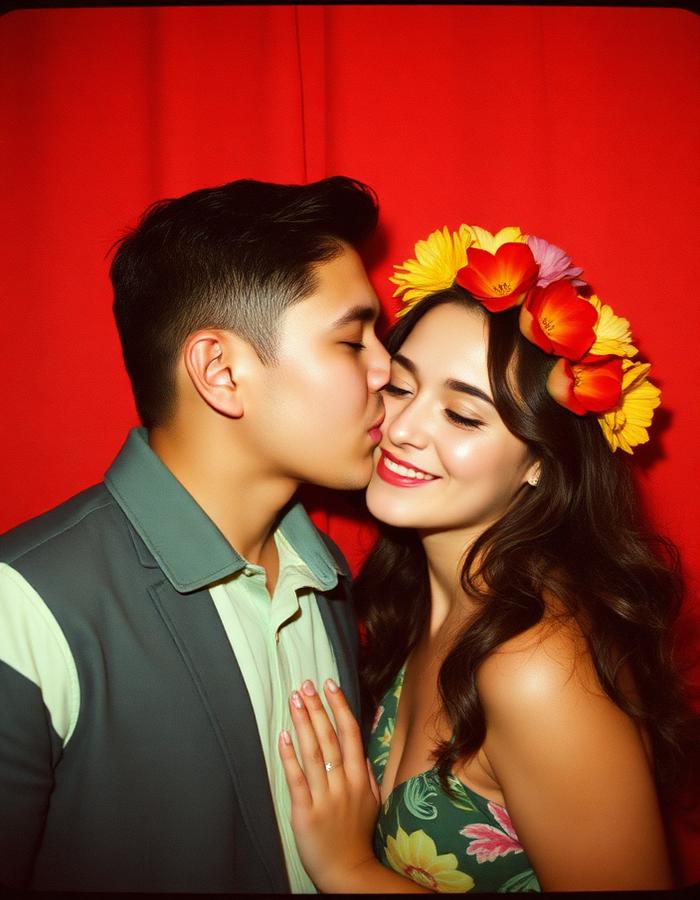Un couple joue contre joue, couronne de fleurs