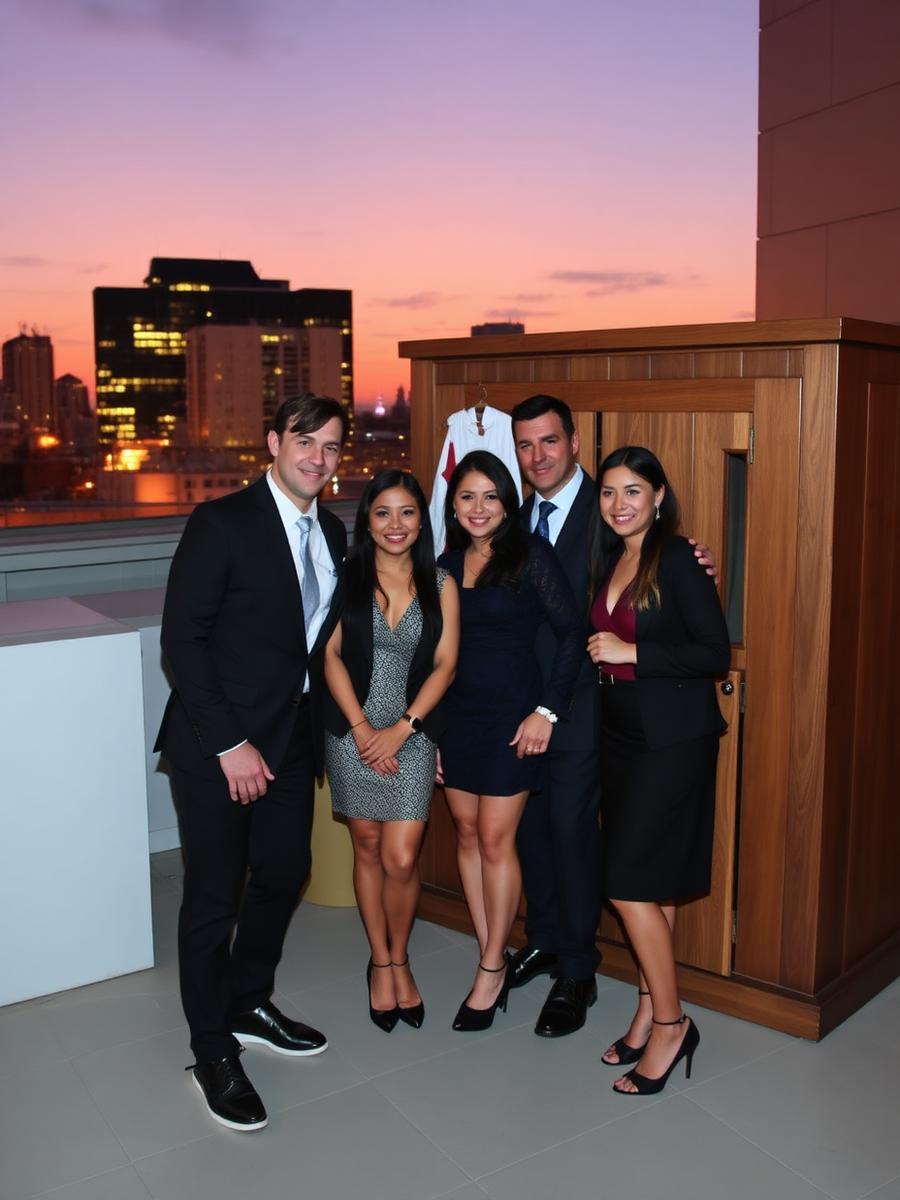 Collaborateurs posant devant la borne lors d'une soirée rooftop